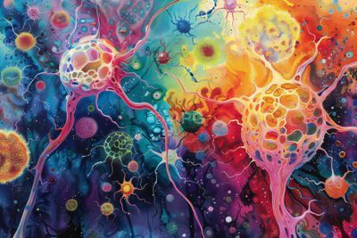 Abstrakte Mikrowelt: Neuronale und zelluläre Strukturen in leuchtenden Farben